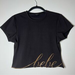 Bebe T-Shirt Crop top Black Tee – Size L – NWOT Gold Glam